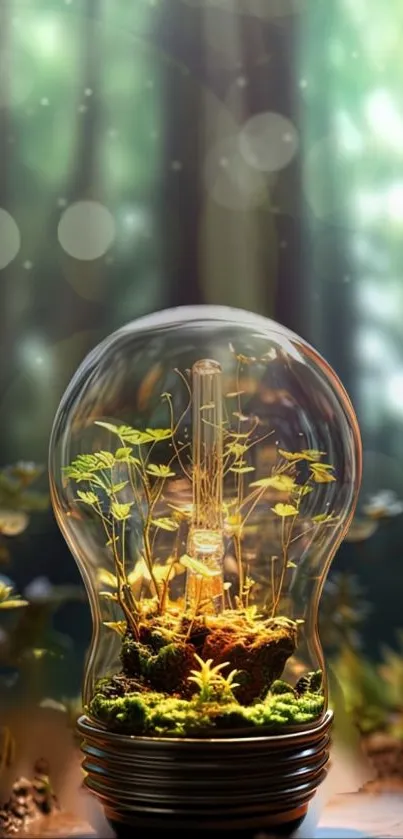 Light bulb filled with miniature plants in a forest scenery.