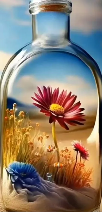 Vibrant flowers in a glass bottle, creating a serene scene.