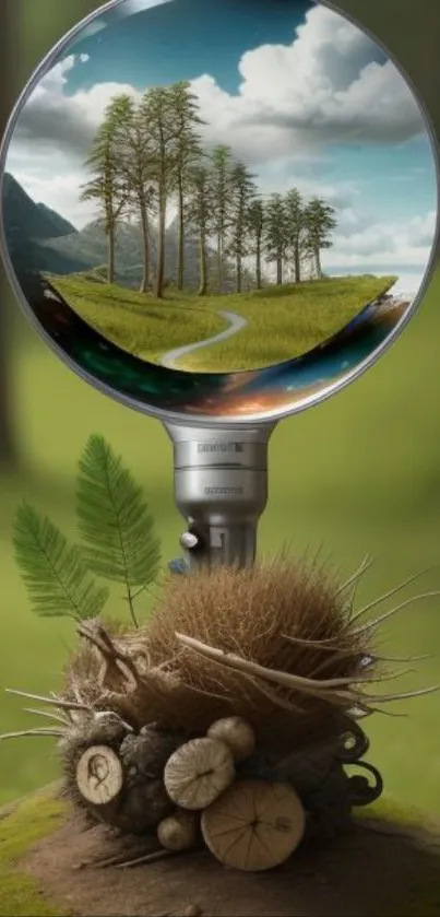 Artistic light bulb capturing a scenic landscape in nature-themed wallpaper.