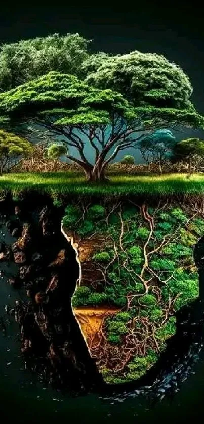 Artistic Africa map with trees and greenery design wallpaper.