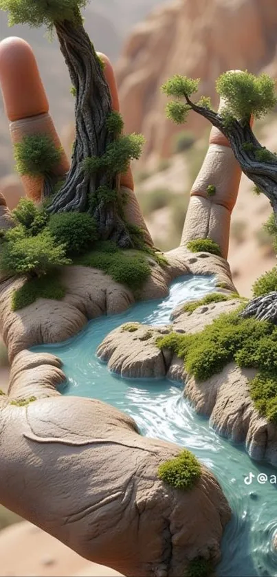 Hand with trees and rivers forming a surreal landscape on palm.