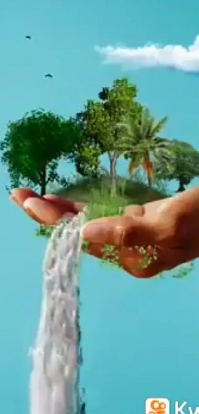 Hand holding trees with waterfall on a sky blue background