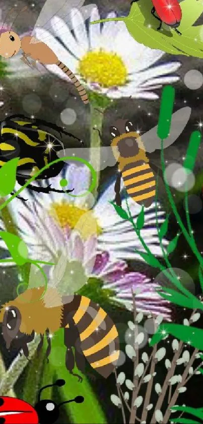 Fantasy insects and flowers mobile wallpaper with bright colors.