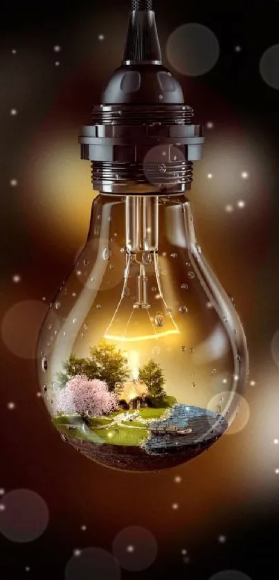 Nature scene inside a light bulb on a dark background mobile wallpaper.