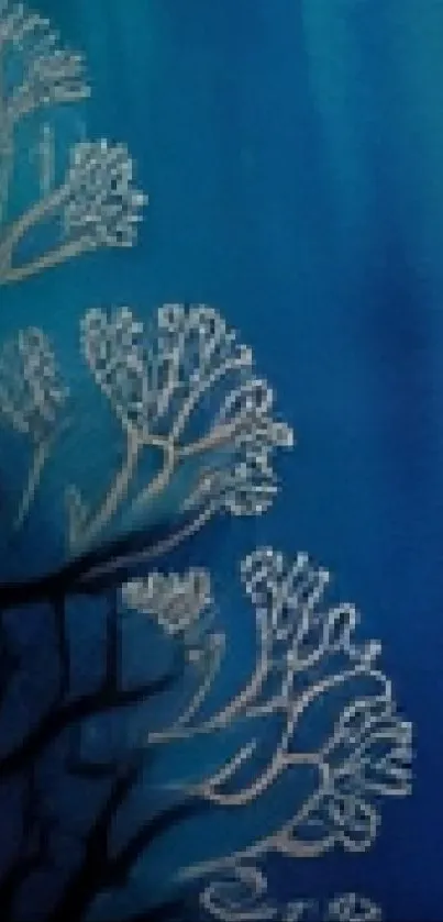 Blue abstract wallpaper with white tree branches in intricate design.