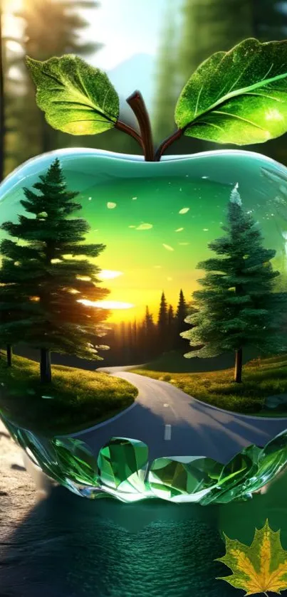 Glass apple encapsulating a sunset forest road scene.