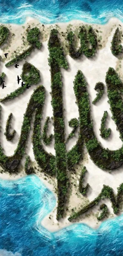 Island shaped like Arabic script with trees and ocean.