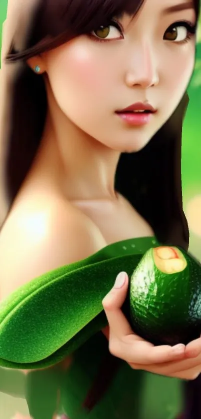 Artistic woman with avocado in lush green setting.