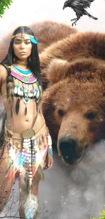 Tribal woman and bear with nature scene wallpaper.