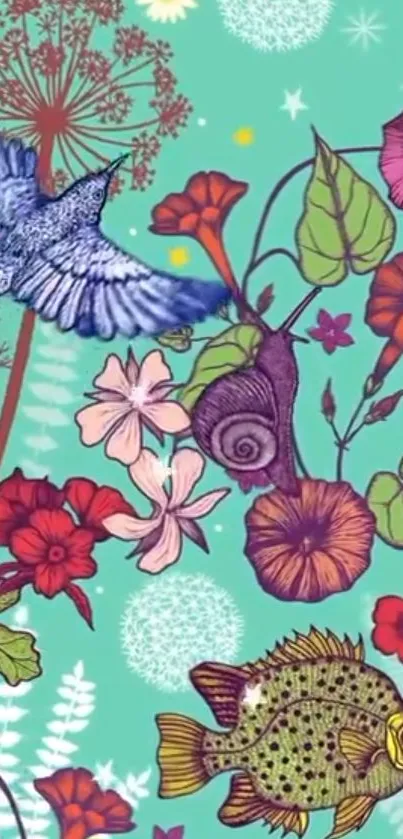 Colorful nature-inspired wallpaper with flowers, birds, and fish on a turquoise background.