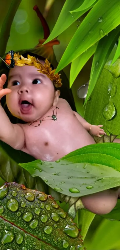 Baby in fantasy leaf setting with butterfly.