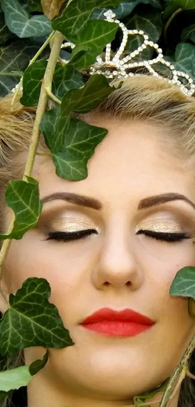 Close-up portrait surrounded by green ivy for serene mobile wallpaper.