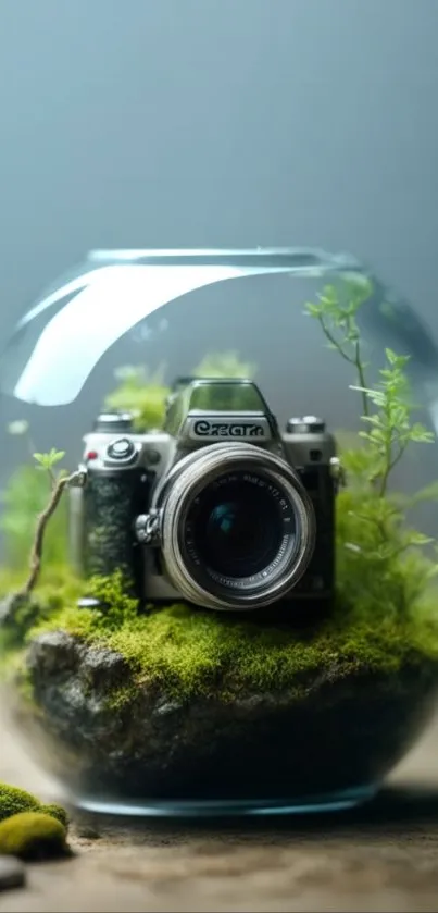 Vintage camera in a green terrarium within a glass globe on a wood surface.