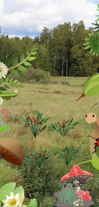 Cartoon forest scene with animated animals and lush greenery.