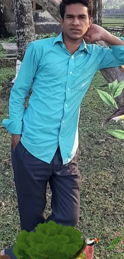 Casual man in nature with wildlife elements.