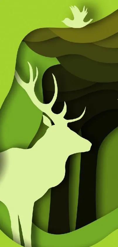 Nature-themed wallpaper with deer silhouette and green tones.