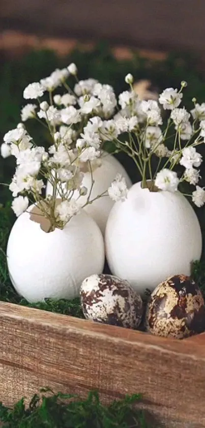 Eggs with flowers on green background in a wooden tray.