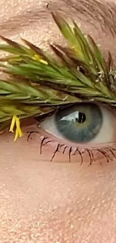 Close-up of blue eye with grasslike green lashes.