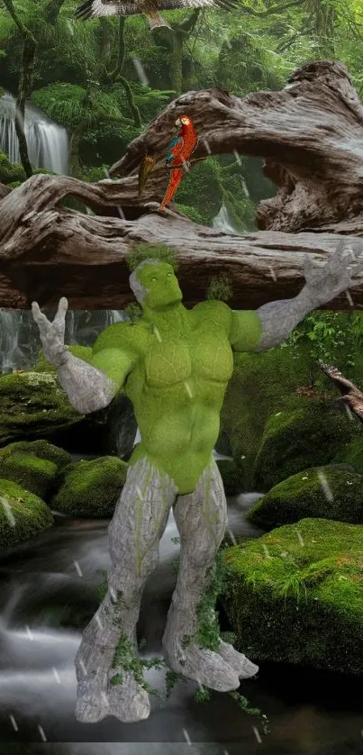 Fantasy forest wallpaper with green creature and waterfall.