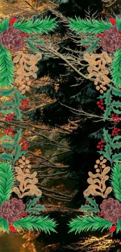 Festive nature-inspired mobile wallpaper with pinecones and green leaves.