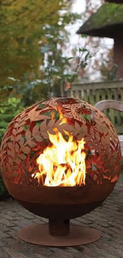 Nature-inspired globe with fiery design against autumn backdrop.