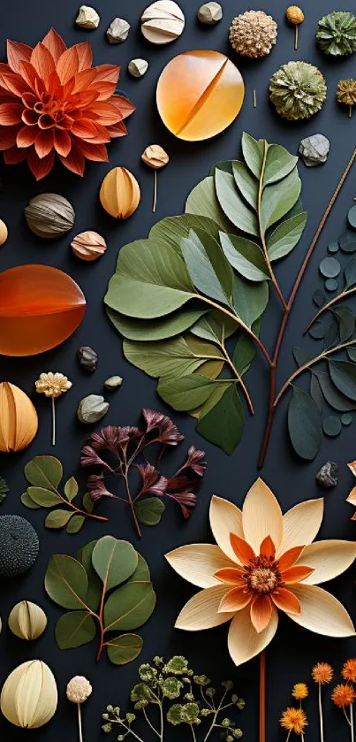 Artistic floral and leaf design wallpaper for mobile screen.