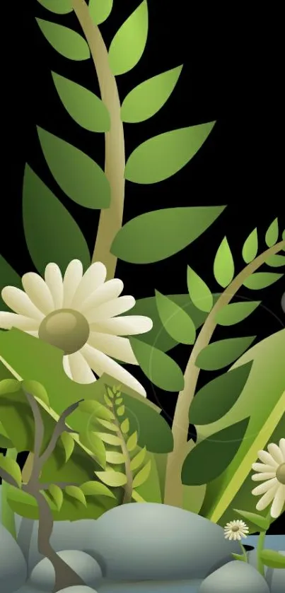 Nature-inspired wallpaper with green leaves and white flowers.