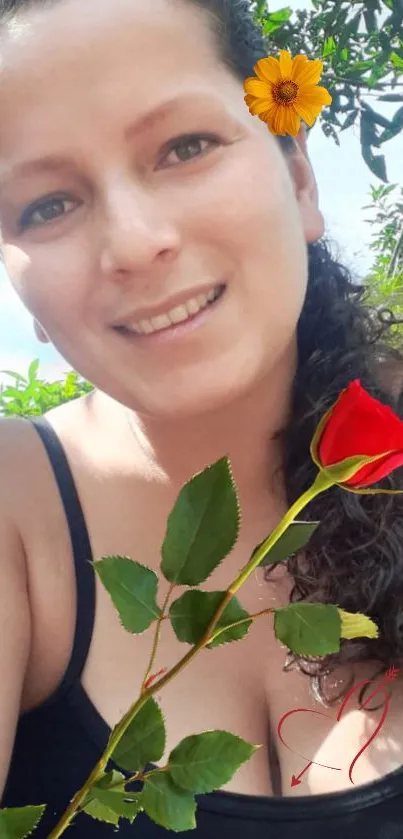 Smiling woman in garden with floral accents.