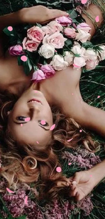 Woman with roses lying on green grass, nature inspired mobile wallpaper.