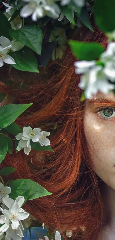 Enchanting red-haired girl amidst lush greenery and white flowers.