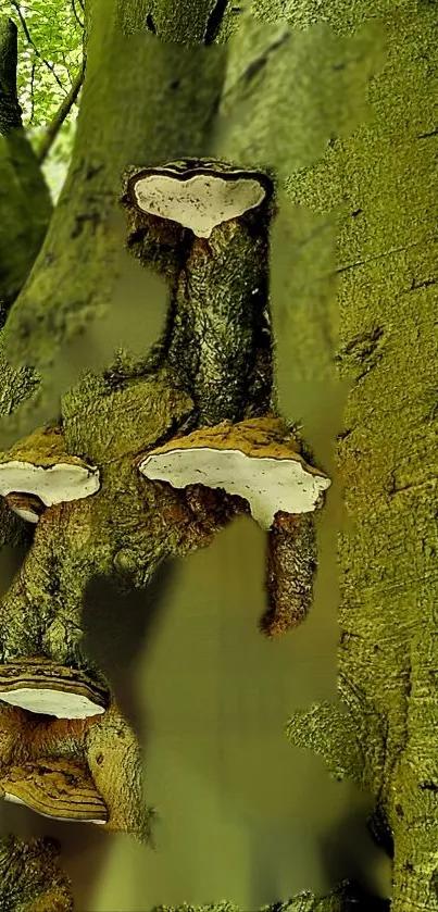 Close-up of fungi on green tree bark, a serene nature wallpaper.