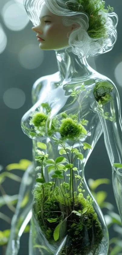 Futuristic art figure with plants inside, symbolizing nature.