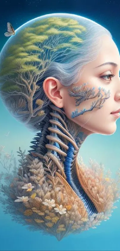 Futuristic art of a digital face merging with nature, vivid colors.