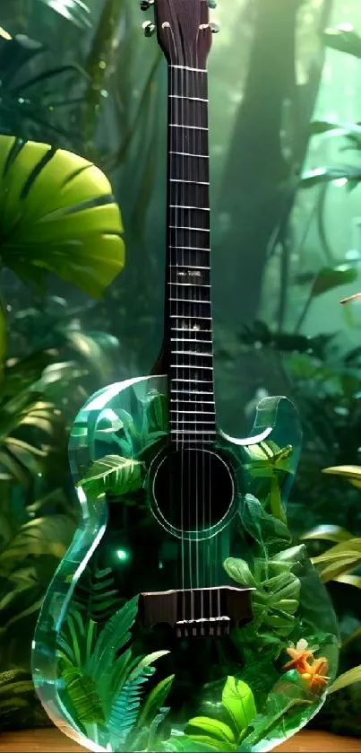 Translucent guitar with green leaves in forest setting.