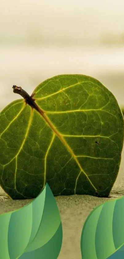 Nature mobile wallpaper with a green leaf on sand.