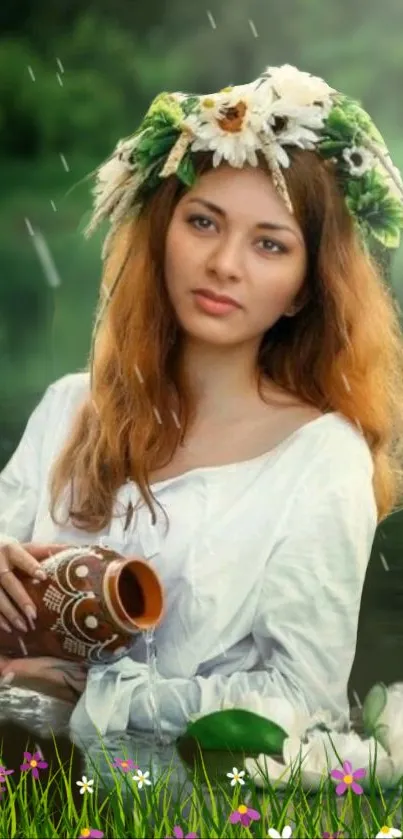 Woman with floral crown beside tranquil water scene.