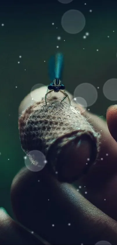 Close-up of a dragonfly resting on a fingertip with a bokeh background.