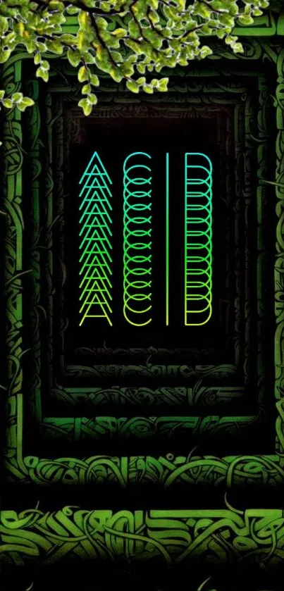 Nature-inspired mobile wallpaper with neon graphics on green background.