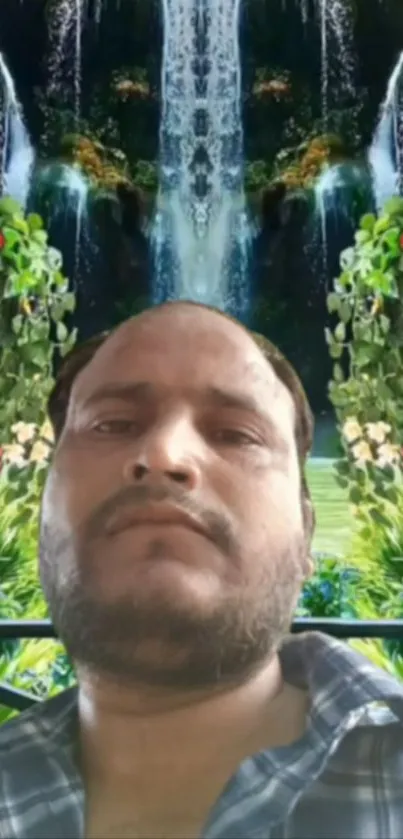 Man amid lush greenery and a waterfall background.