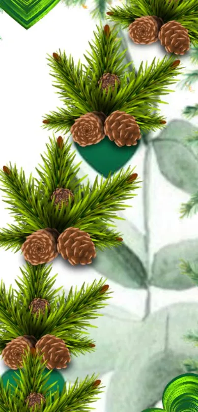 Mobile wallpaper with green pine leaves and brown pinecones.