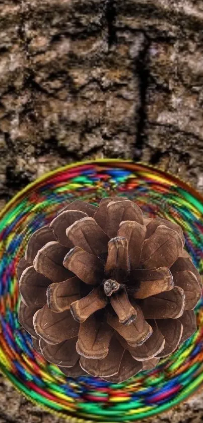 Pinecone with colorful swirls on bark background wallpaper.