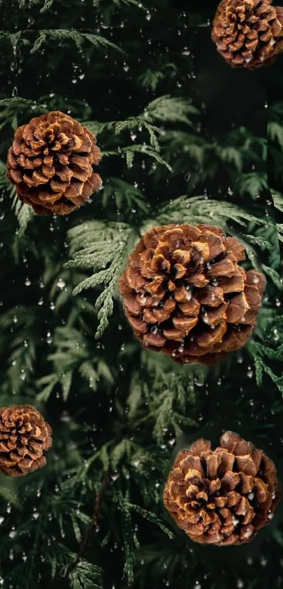 Green forest wallpaper with prominent pinecones.