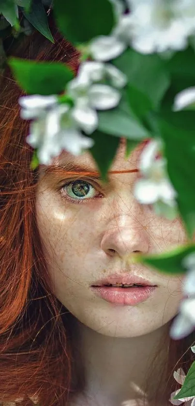 Portrait surrounded by green leaves and white flowers wallpaper.