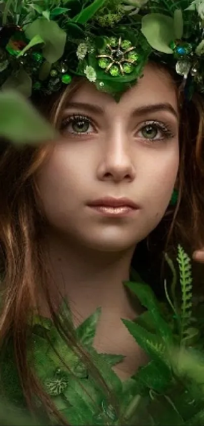 Enchanting portrait with green foliage crown wallpaper.