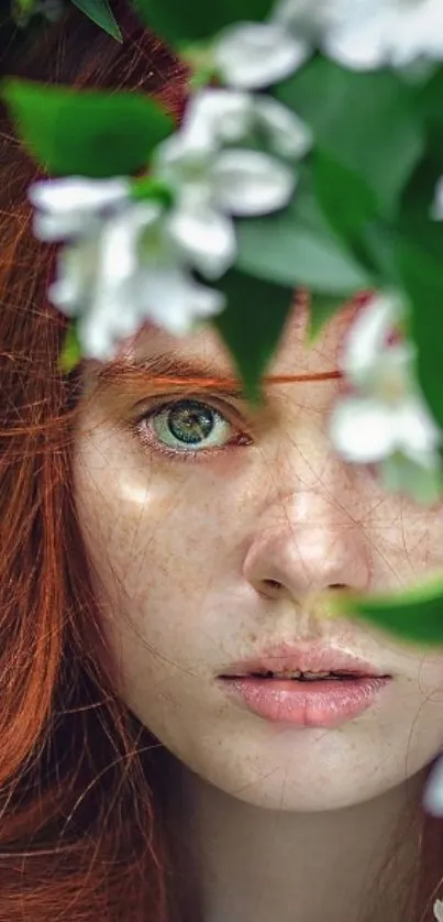 Nature-inspired portrait with green leaves and white flowers.