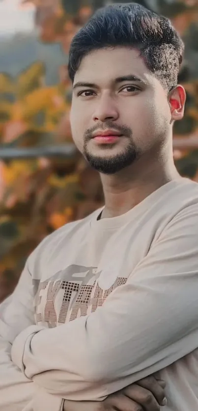 A serene portrait in an autumn setting with warm tones.