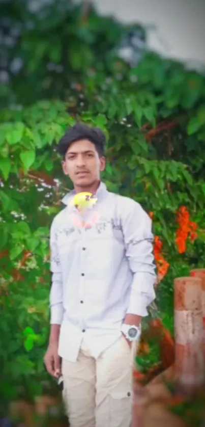 Portrait of a person amidst lush greenery and colorful background.