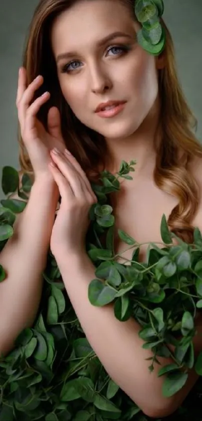 Portrait with lush green leaves on a dark background.