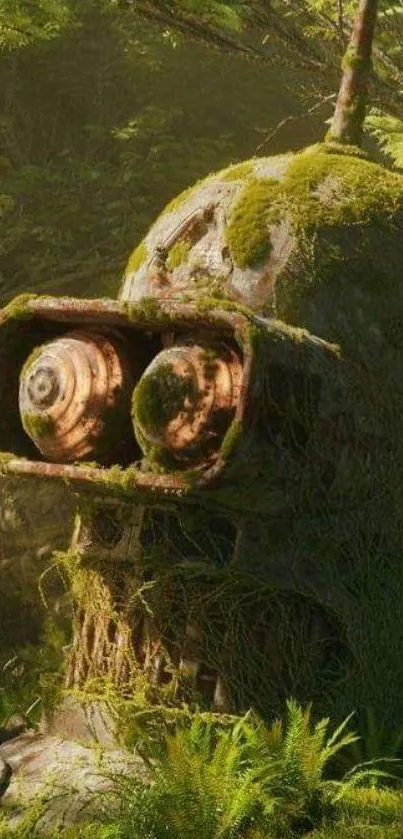 A moss-covered robot in a dense jungle setting.