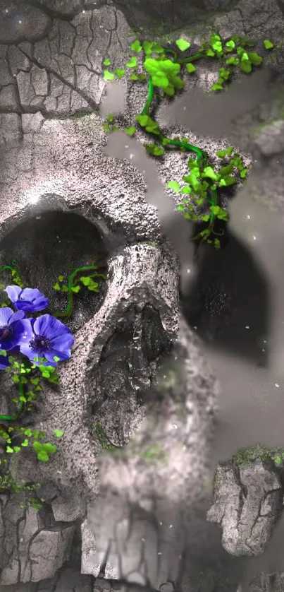 Skull with vines and flowers on a cracked surface, in gray tones with purple highlights.